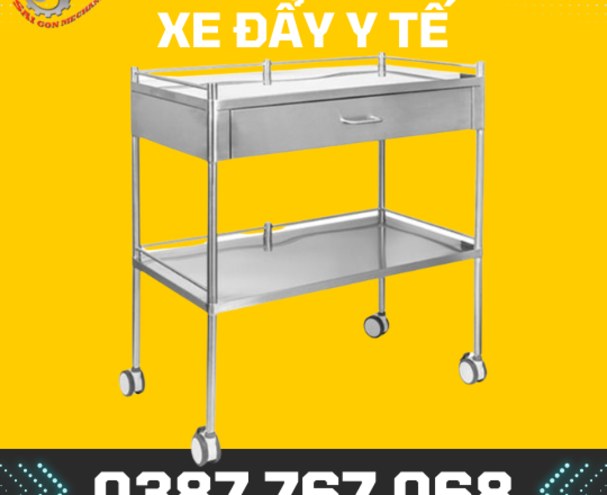 XE ĐẨY INOX 2 tầng có 3 hộc kéo