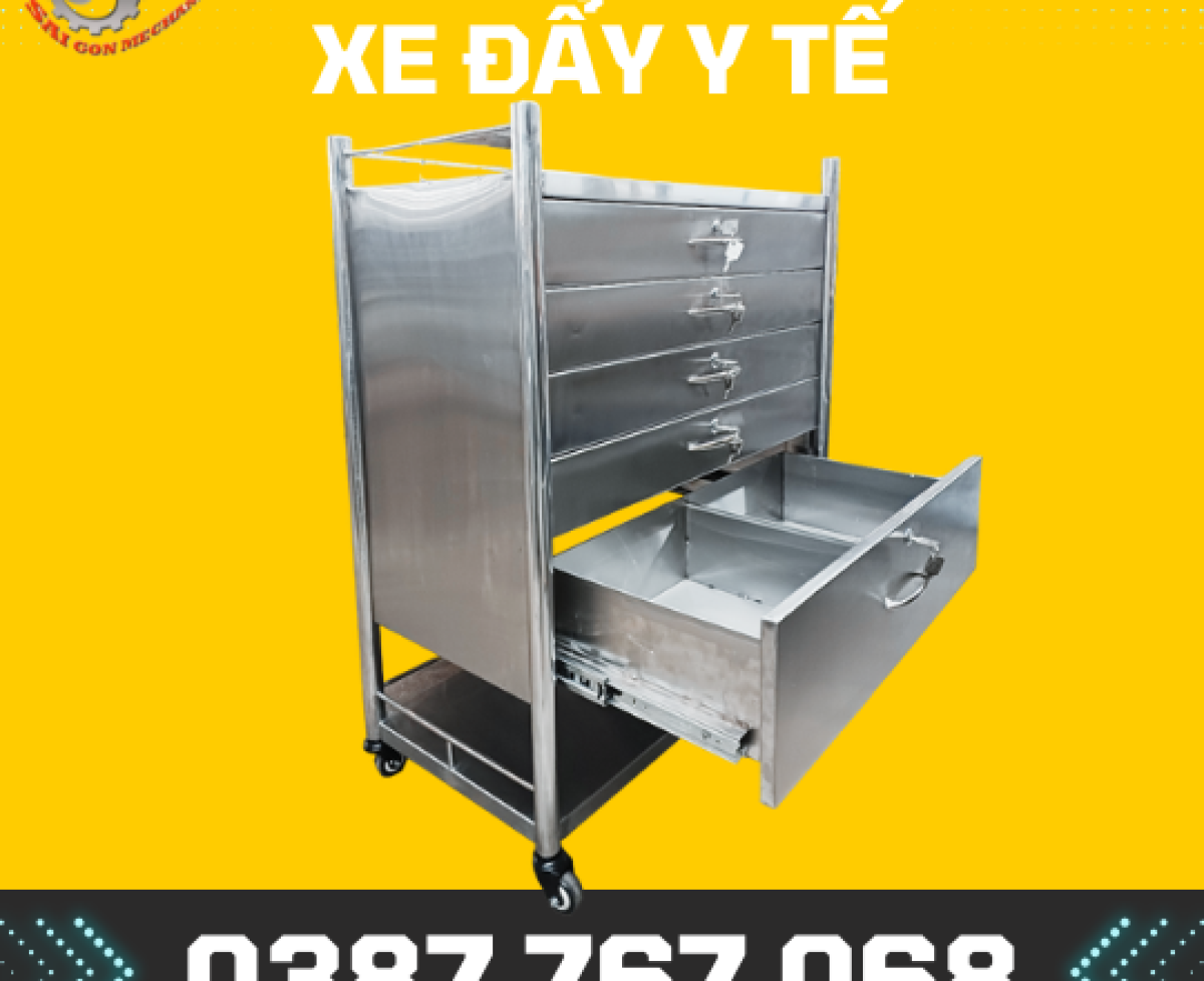 XE ĐẨY INOX 2 tầng có 3 hộc kéo