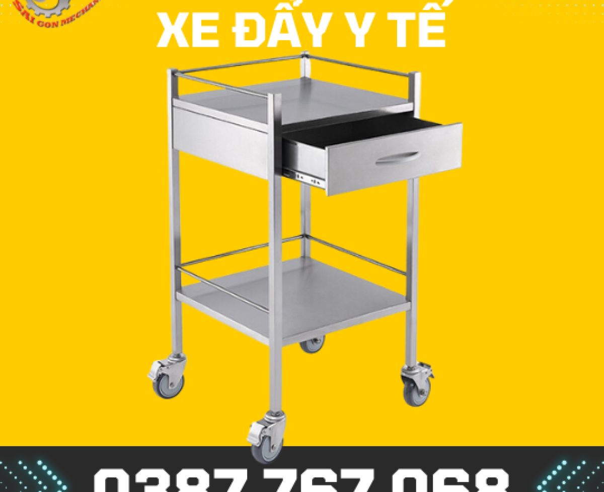 Xe đẩy inox 2 tầng có 4 hộc kéo