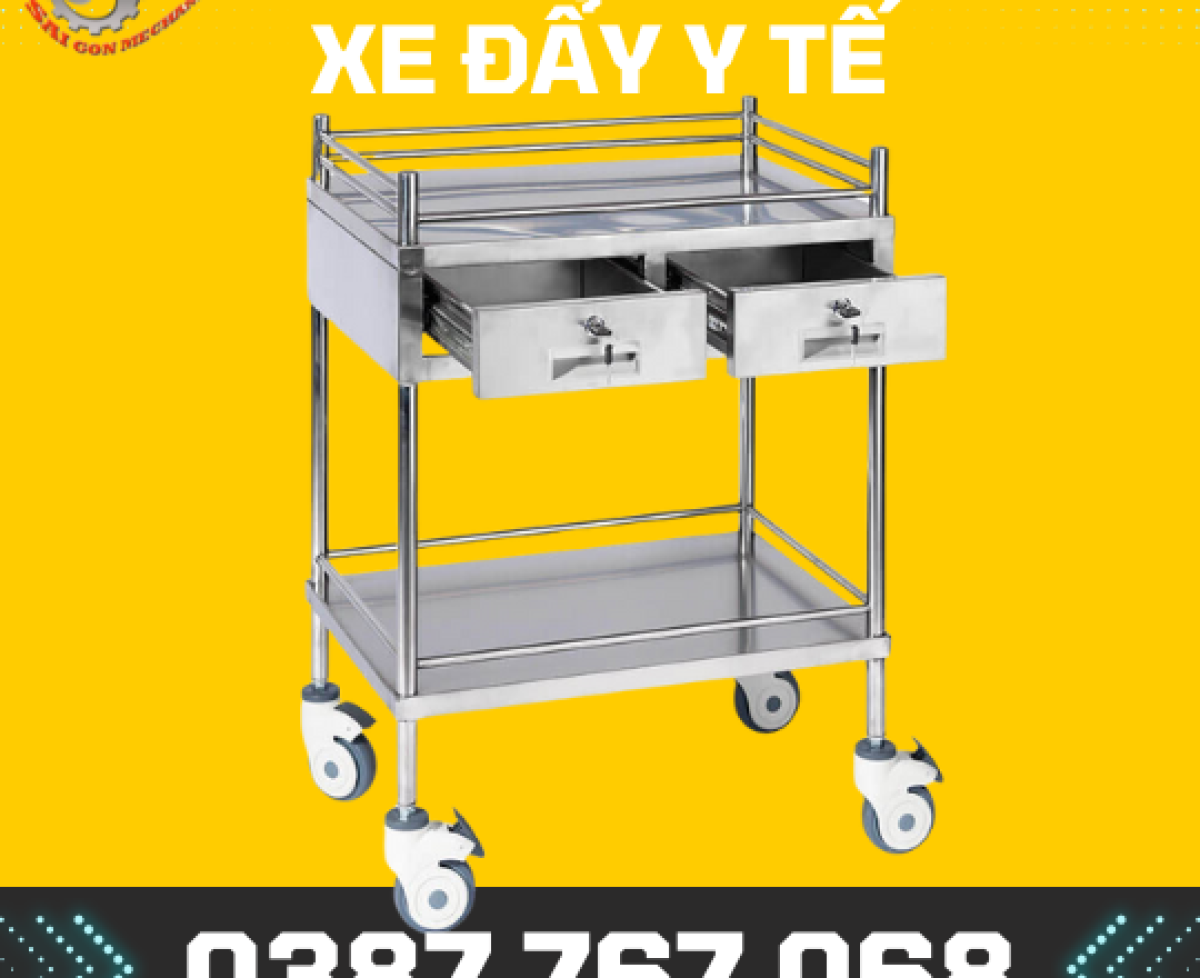 Xe đẩy inox 2 tầng có 4 hộc kéo