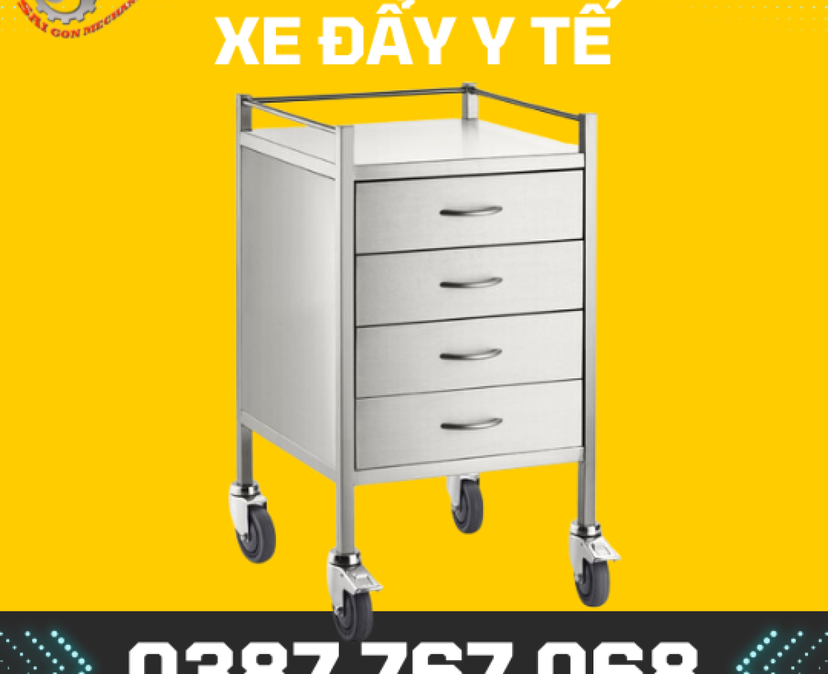 Xe đẩy inox 2 tầng có 4 hộc kéo