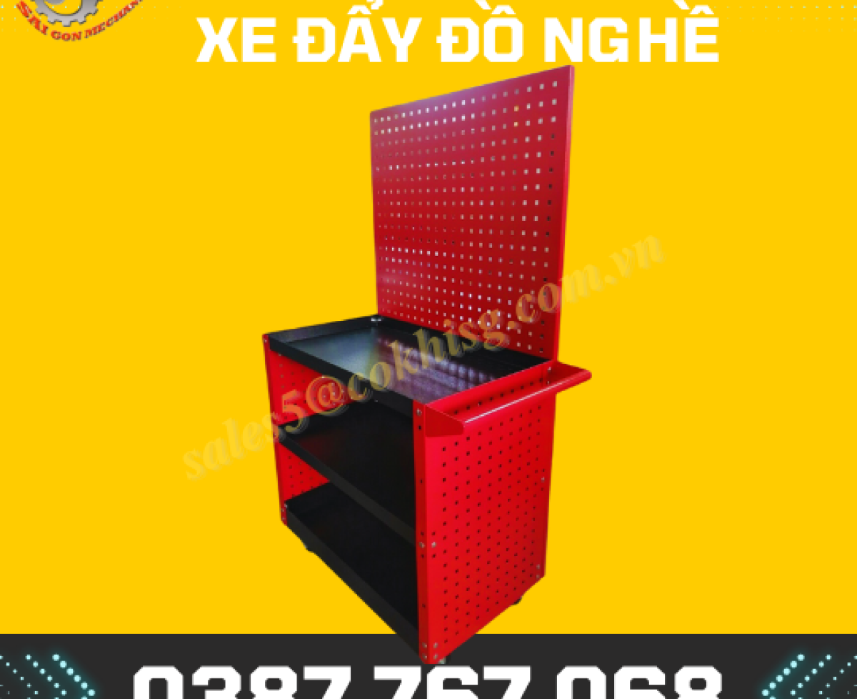 XE ĐẨY ĐỒ NGHỀ 3 TẦNG CÓ VÁCH VÀ BẢNG TREO DỤNG CỤ