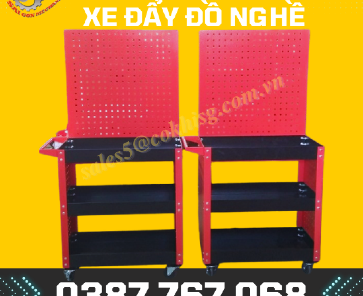 XE ĐẨY ĐỒ NGHỀ 3 TẦNG CÓ VÁCH VÀ BẢNG TREO DỤNG CỤ