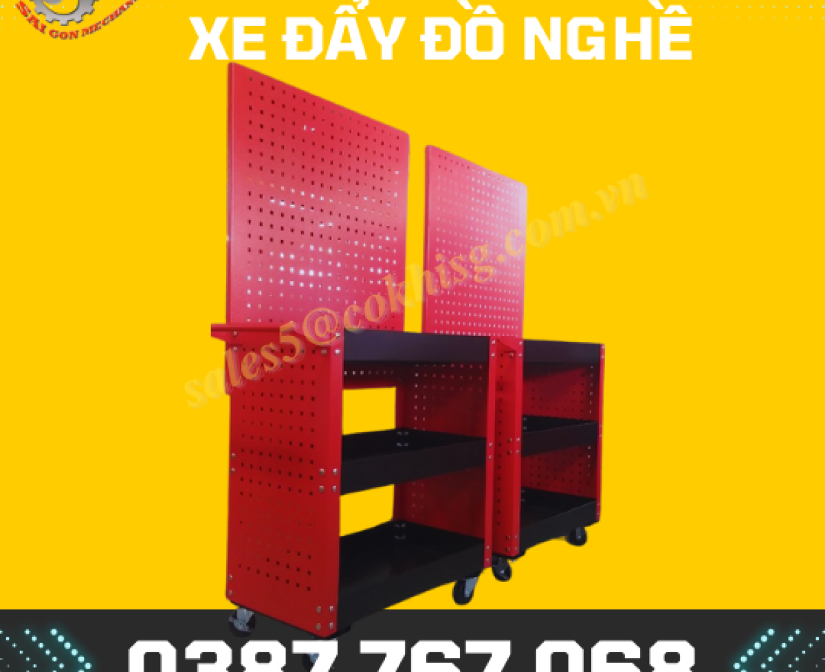 XE ĐẨY ĐỒ NGHỀ 3 TẦNG CÓ VÁCH VÀ BẢNG TREO DỤNG CỤ