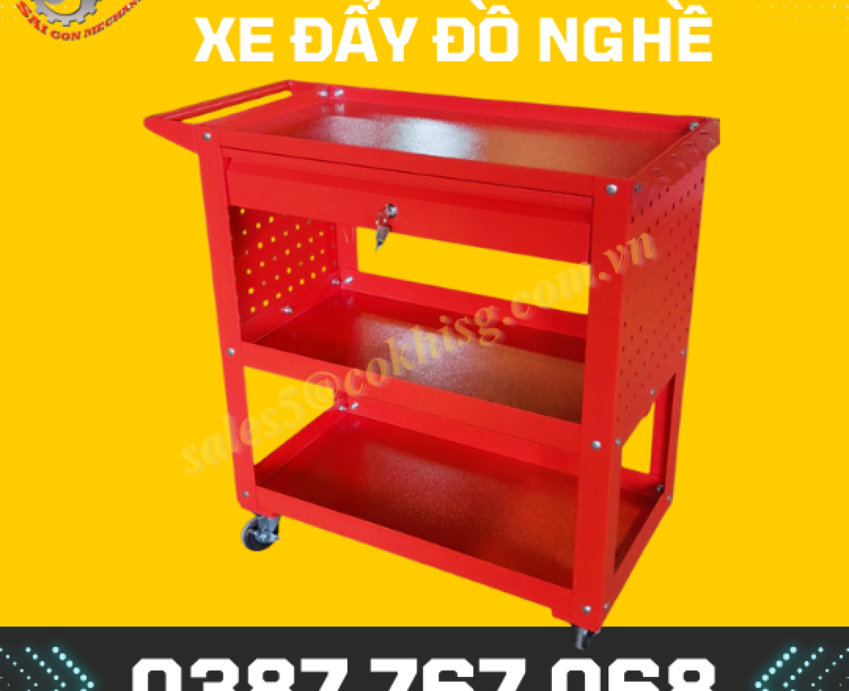 xe đẩy đồ nghề 3 ngăn- có ngăn kéo- nửa vách treo