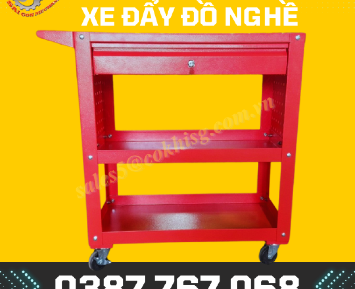 xe đẩy đồ nghề 3 ngăn- có ngăn kéo- nửa vách treo