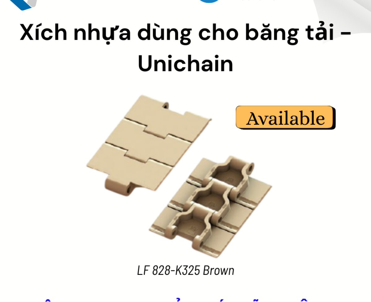 Xích nhựa dùng cho băng tải. Hãng Unichain. Loại uni828 K325