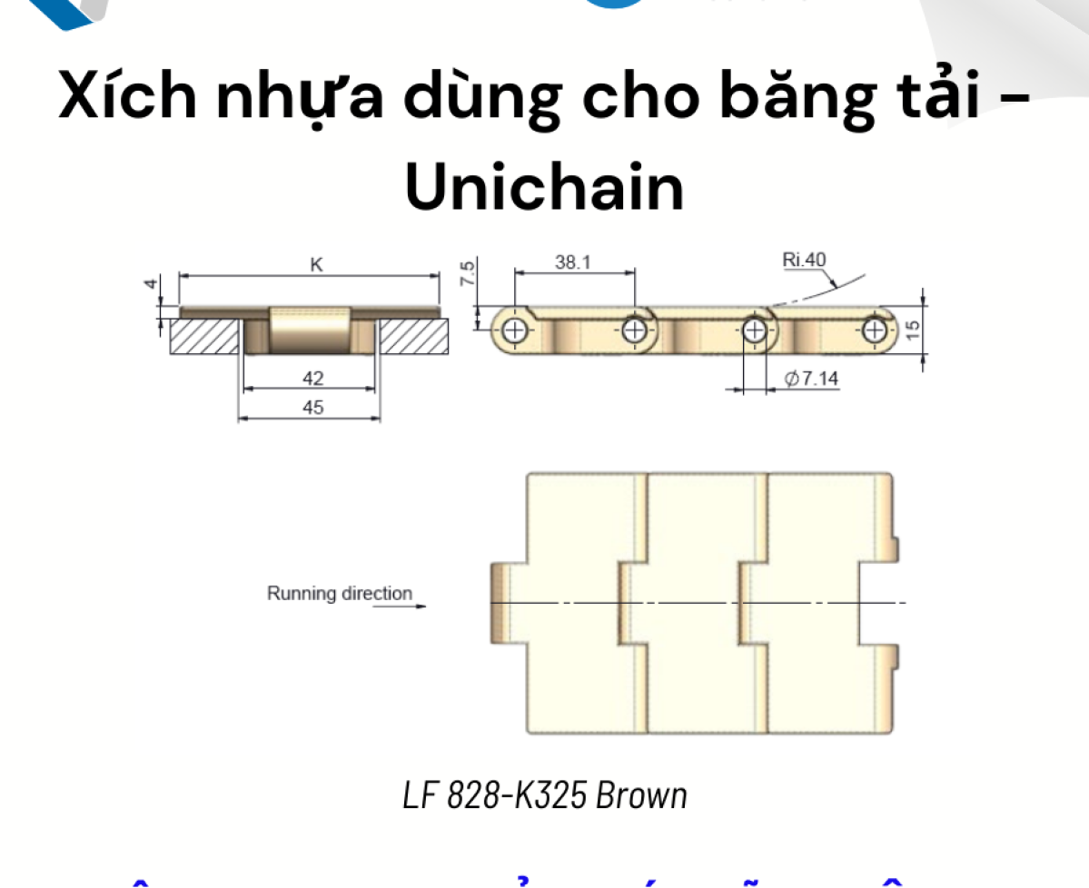 Xích nhựa dùng cho băng tải. Hãng Unichain. Loại uni828 K325