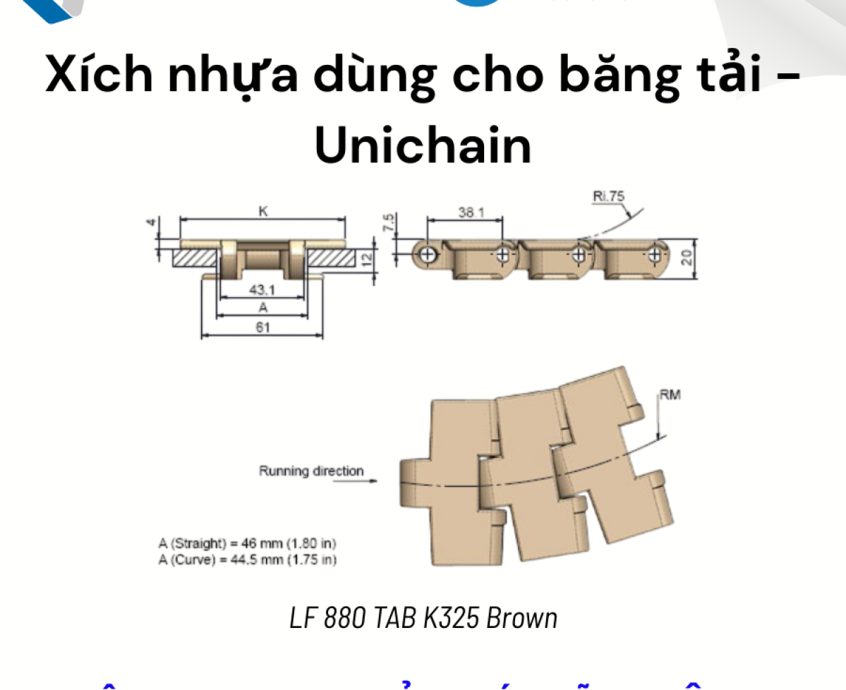 Xích nhựa Unichain 880 TAB K325 – Phù hợp cho dây chuyền thực phẩm và đồ uống (Hàng có sẵn)