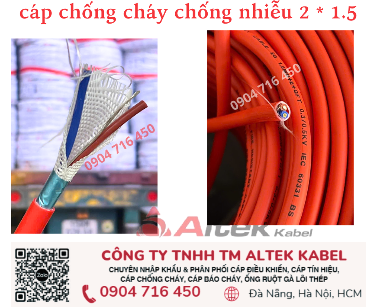 Cáp Fr/ dây tín hiệu báo cháy 2x1.5 chống cháy Altek Kabel
