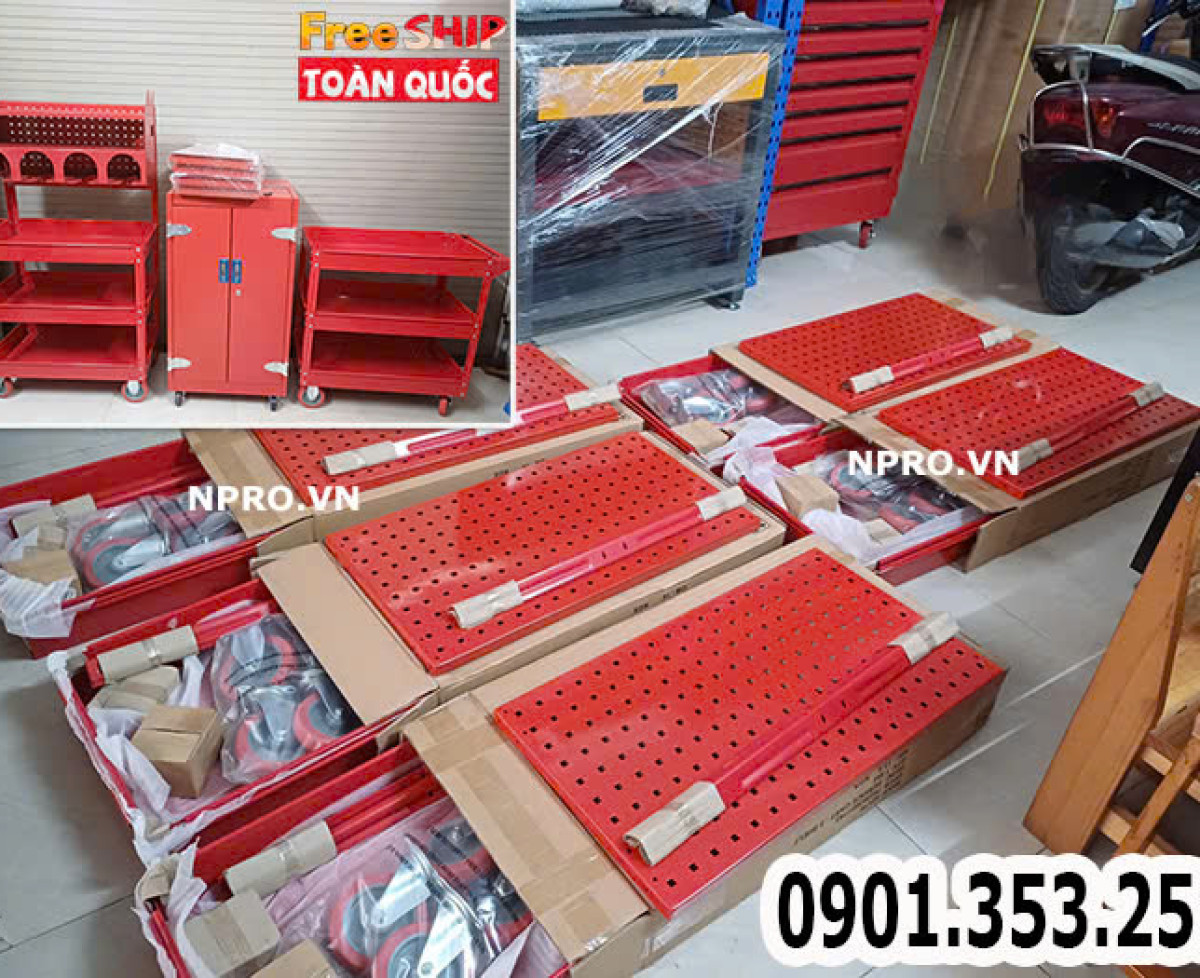 Xe đẩy để đồ nghề 3 ngăn, màu đen và đỏ