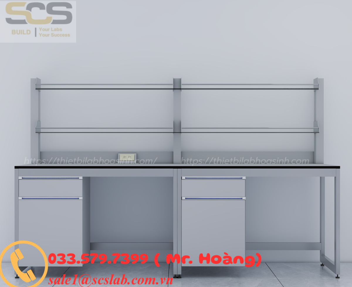 BÀN THÍ NGHIỆM AP TƯỜNG CÓ KỆ  CHO PHÒNG THÍ NGHIỆM KÍCH THƯỚC 1200MM