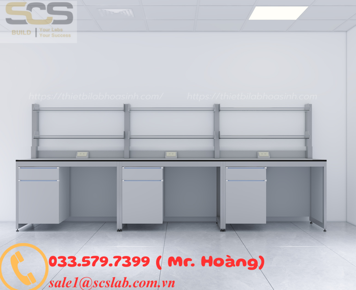 BÀN THÍ NGHIỆM ÁP TƯỜNG CÓ KỆ  CHO PHÒNG THÍ NGHIỆM KÍCH THƯỚC 2400MM