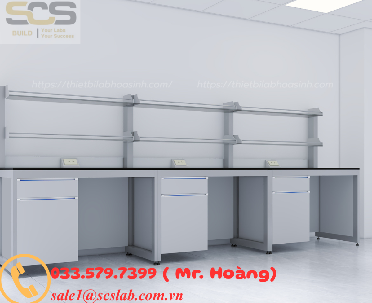 BÀN THÍ NGHIỆM ÁP TƯỜNG CÓ KỆ  CHO PHÒNG THÍ NGHIỆM KÍCH THƯỚC 2400MM