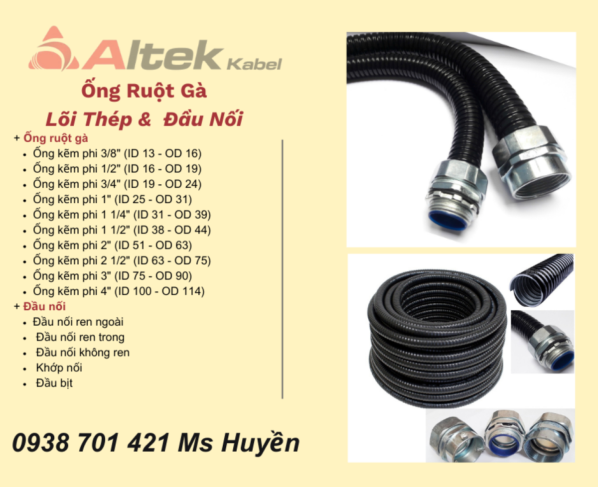 Ống Ruột Gà,  Lõi Thép Bọc Nhựa + Đầu Nối