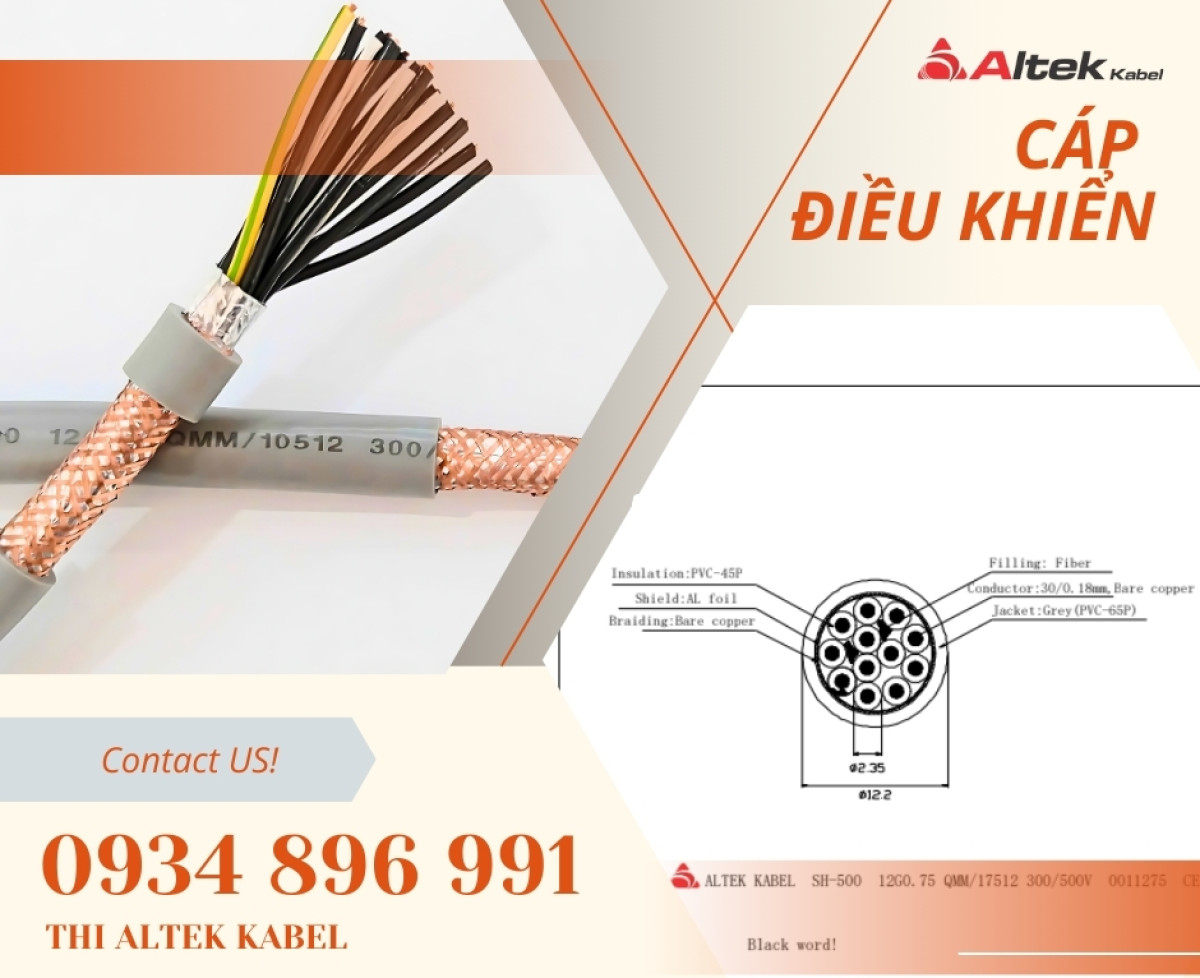 Cáp điều khiển, cáp tín hiệu 12×0.75mm2 có lưới chống nhiễu Altek Kabel