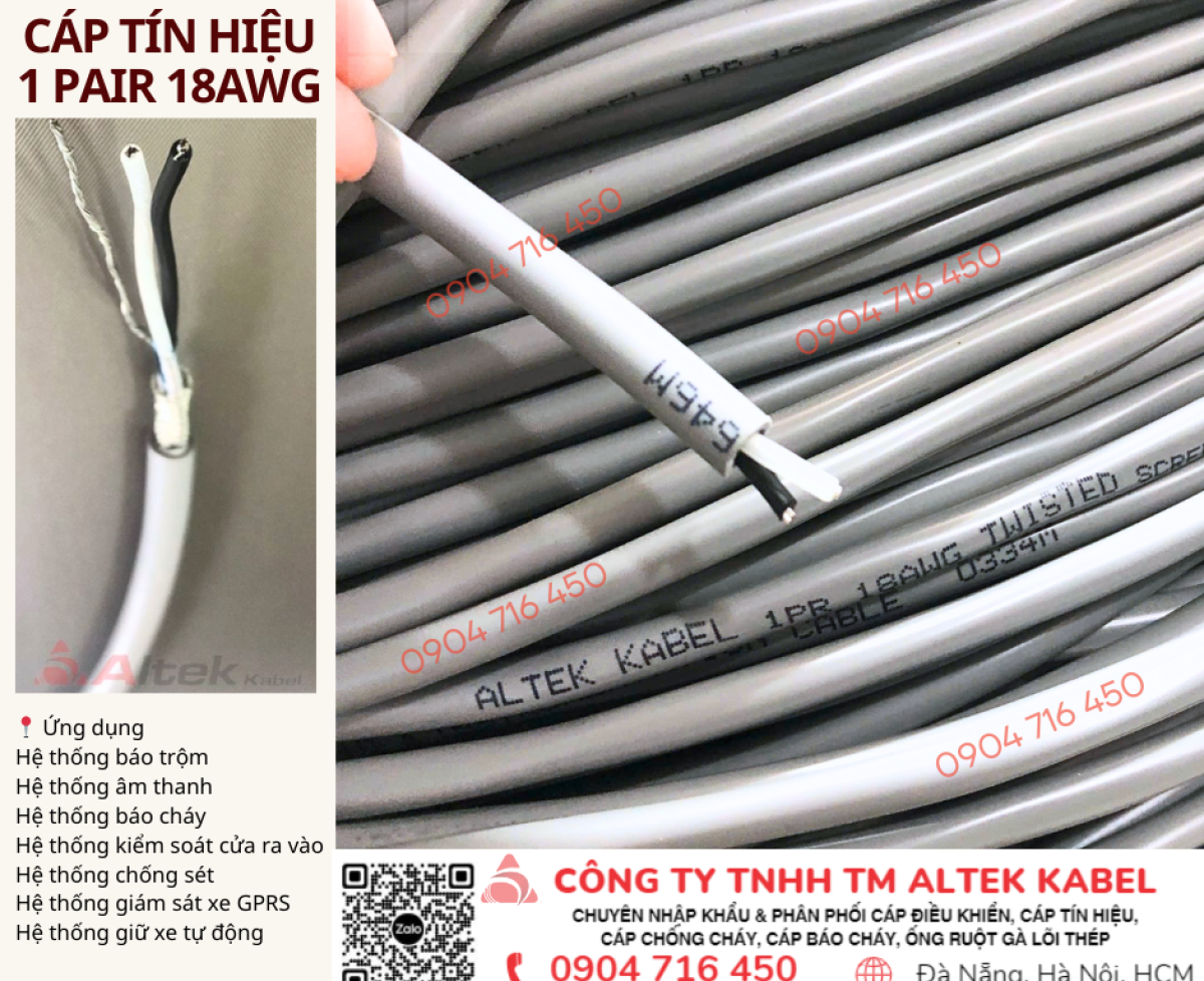 Cáp tín hiệu âm thanh, báo cháy chống nhiễu 18AWG 1 Pair Altek Kabel
