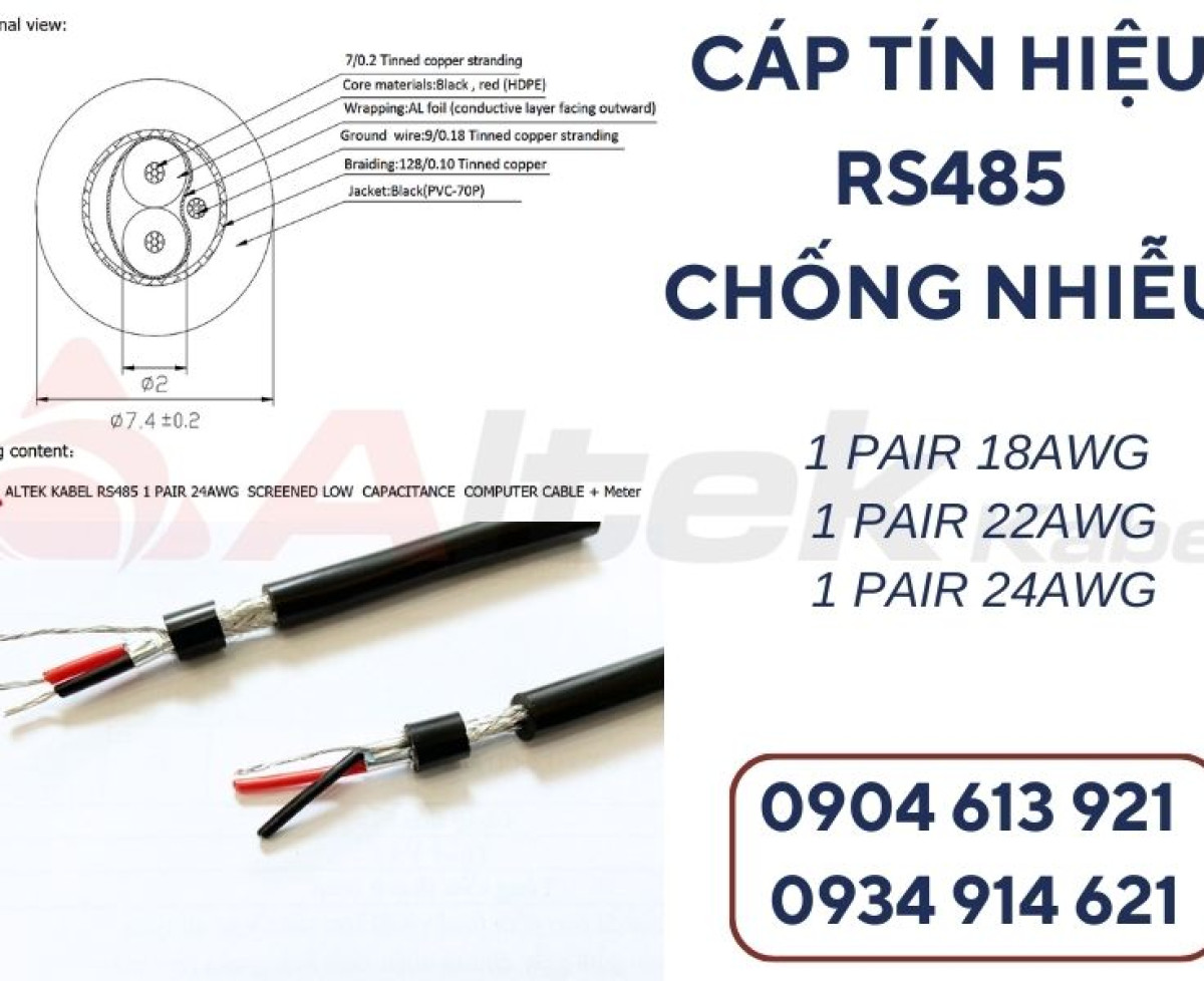 Cáp tín hiệu RS485 vặn xoắn 2 lớp chống nhiễu 18AWG Altek Kabel chính hãng