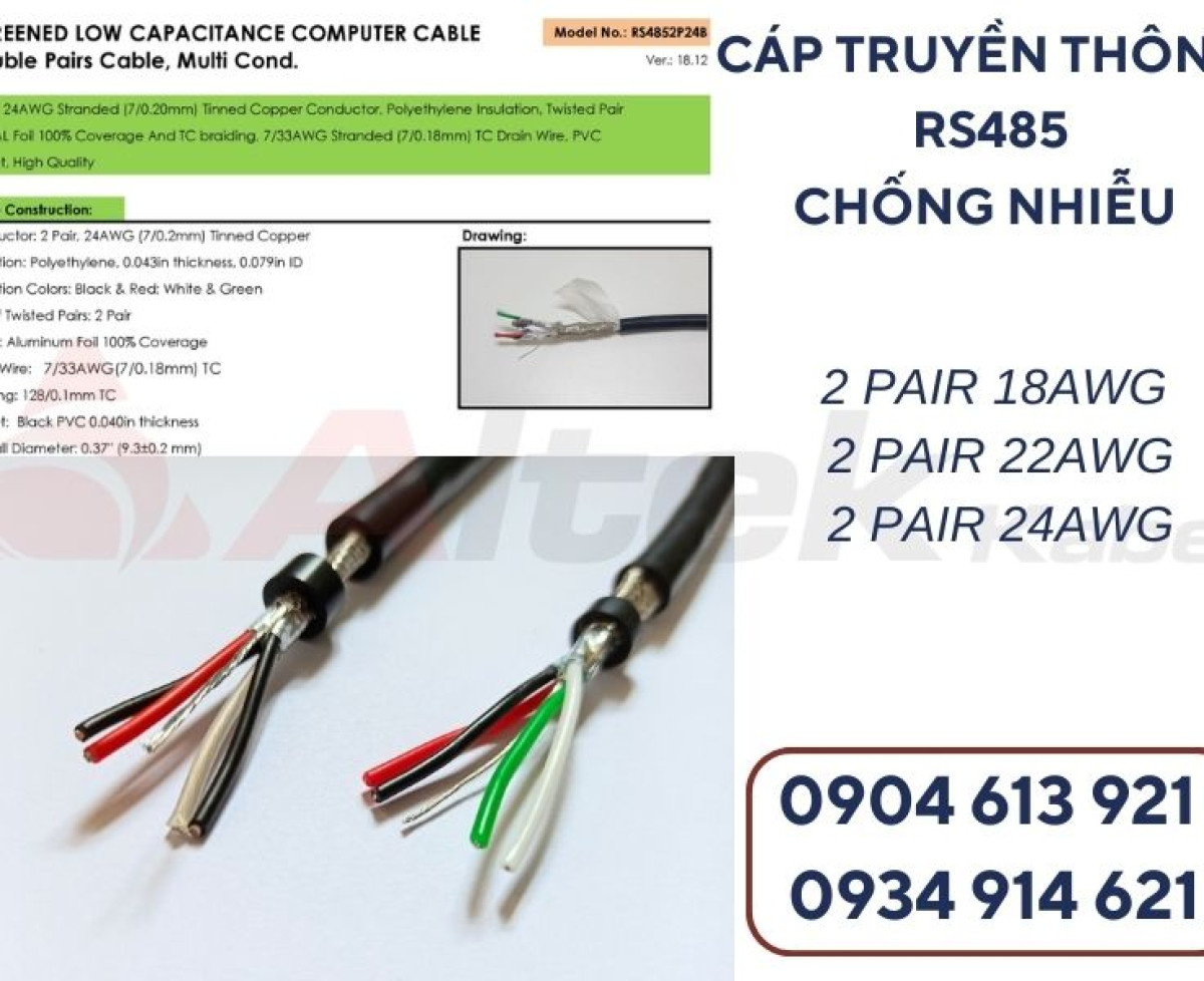 Cáp tín hiệu RS485 vặn xoắn 2 lớp chống nhiễu 18AWG Altek Kabel chính hãng