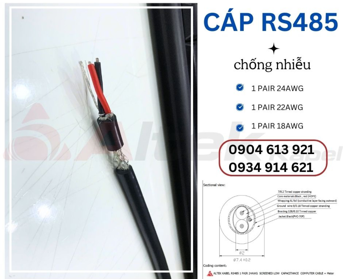 Cáp tín hiệu RS485 vặn xoắn 2 lớp chống nhiễu 18AWG Altek Kabel chính hãng