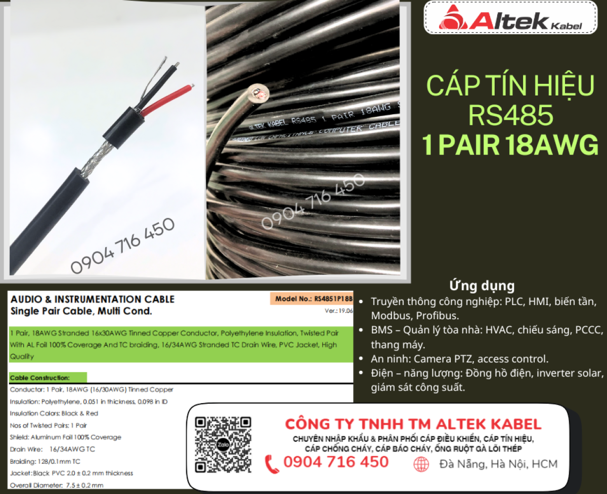 Cáp Tín Hiệu Altek Kabel RS485 18AWG 1 Pair