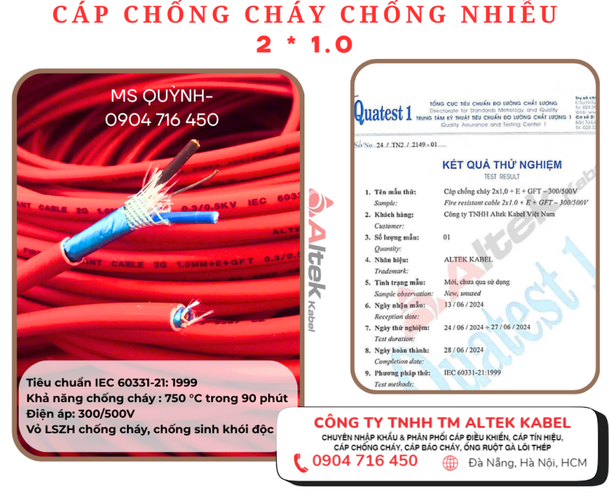 Cáp chống cháy chống nhiễu 2x1.0 Altek Kabel IEC 60331-21: 1999