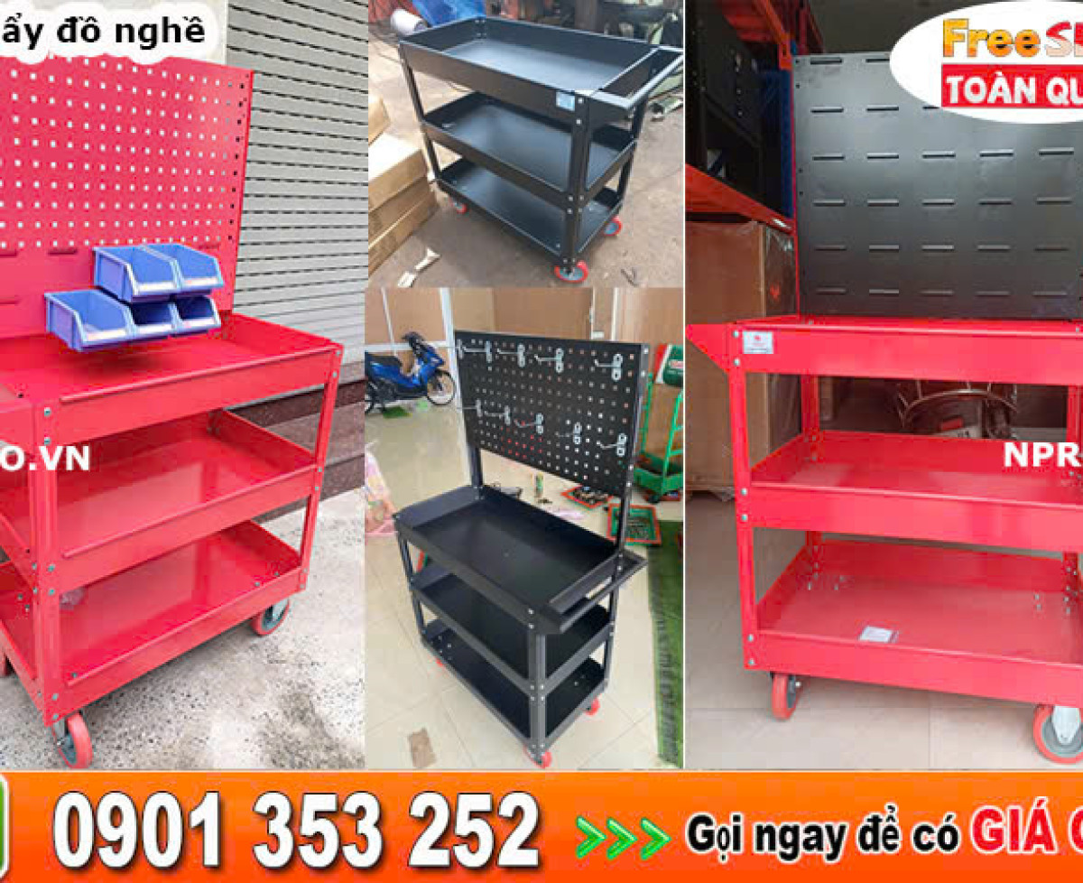 Xe đẩy 3 ngăn - Xe đẩy để dụng cụ, đồ nghề sửa xe, vật dụng khác