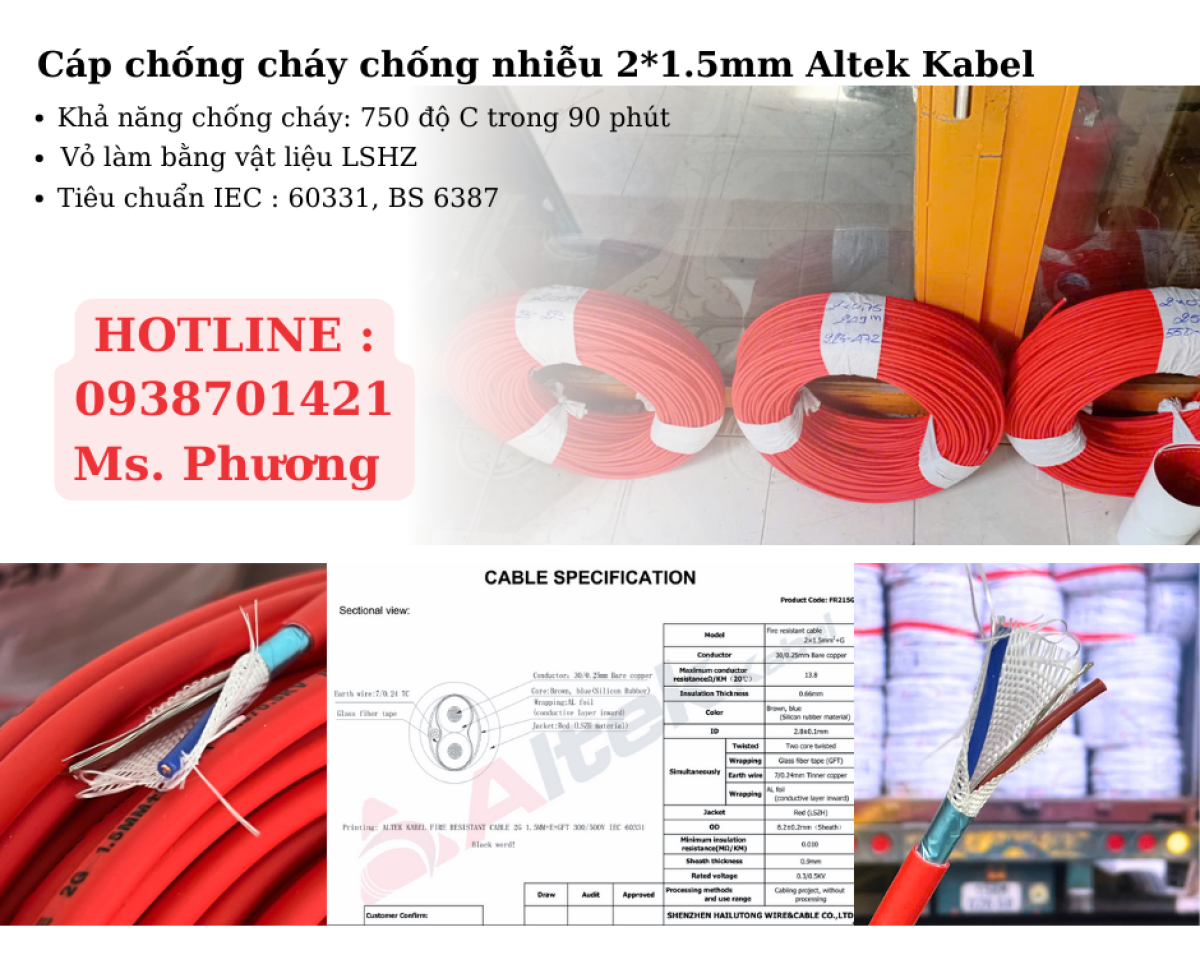 Cáp chống cháy chống nhiễu 2*1.5mm LSZH Altek Kabel