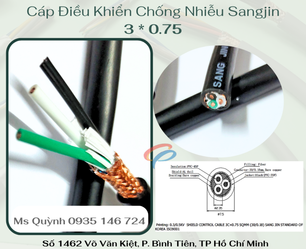 Cáp điều khiển chống nhiễu 3 * 0.75 mm Sangjin Hồ Chí Minh