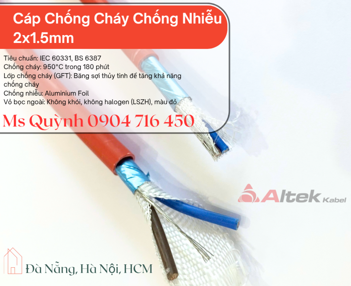 Cáp chống cháy chống nhiễu 2x1.5 Altek Kabel 750 độ Đà Nẵng