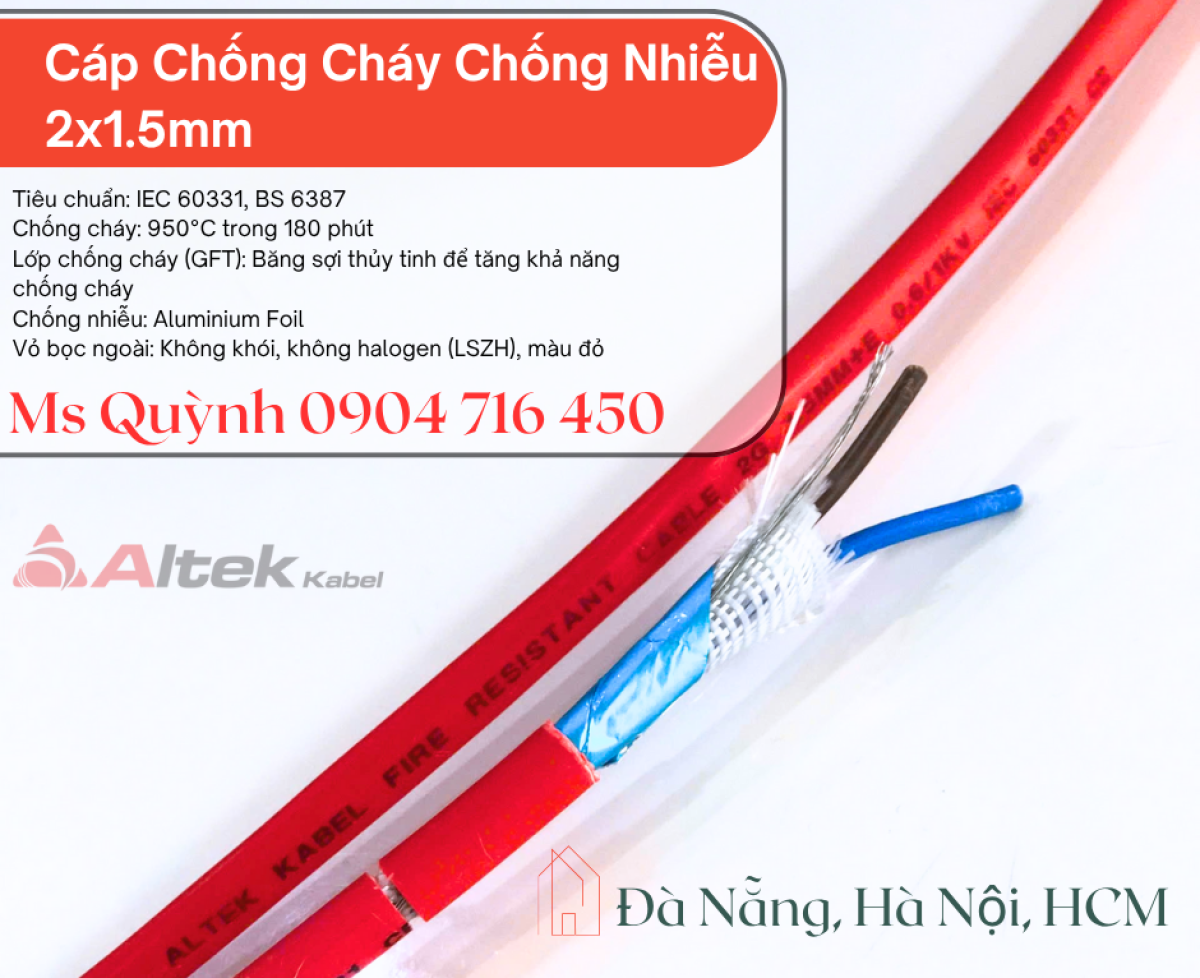 Cáp chống cháy chống nhiễu 2x1.5 Altek Kabel 750 độ Đà Nẵng