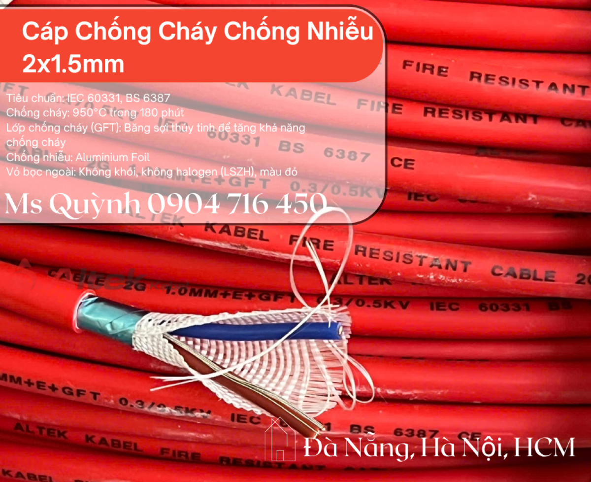 Cáp chống cháy chống nhiễu 2x1.5 Altek Kabel 750 độ Đà Nẵng