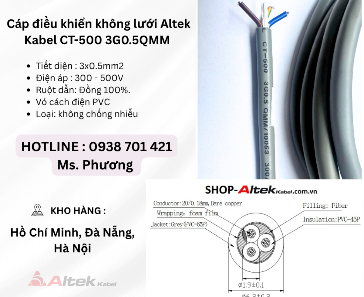 Cáp điều khiển không lưới Altek Kabel CT-500 3G0.5QMM Đà Nẵng, Hà Nội, Hồ Chí Minh