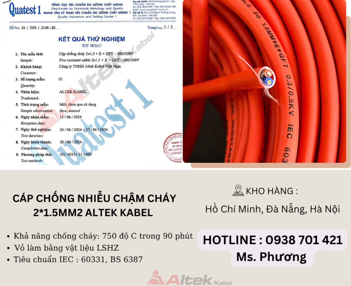 Cáp chống nhiễu chậm cháy 2*1.5mm2 Altek Kabel Đà Nẵng, Hà Nội, Hồ Chí Minh