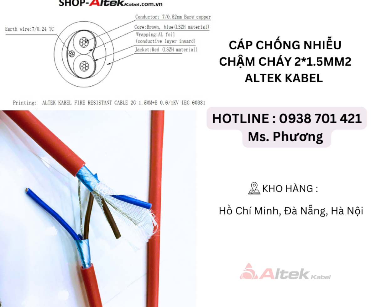 Cáp chống nhiễu chậm cháy 2*1.5mm2 Altek Kabel Đà Nẵng, Hà Nội, Hồ Chí Minh
