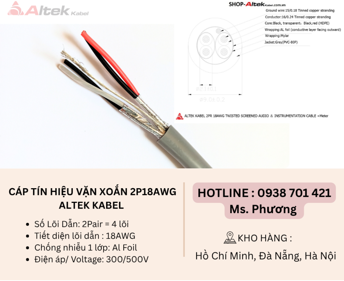 Cáp tín hiệu vặn xoắn 2P18AWG Altek Kabel Đà Nẵng, Hà Nội, Hồ Chí Minh