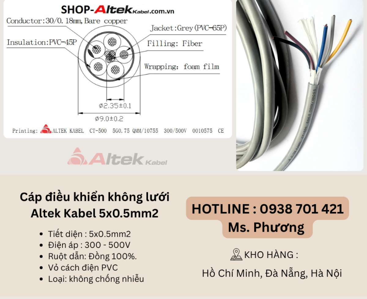 Cáp điều khiển không lưới chống nhiễu Altek Kabel 5x0.5mm2 Đà Nẵng, Hồ Chí Minh, Hà Nội