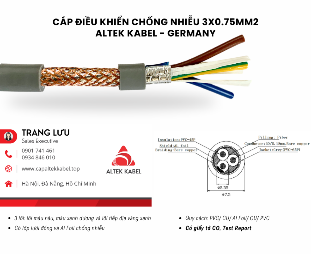 Cáp điều khiển chống nhiễu 3x0.75 Đà Nẵng, Quảng Ngãi, Bình Định, Nha Trang