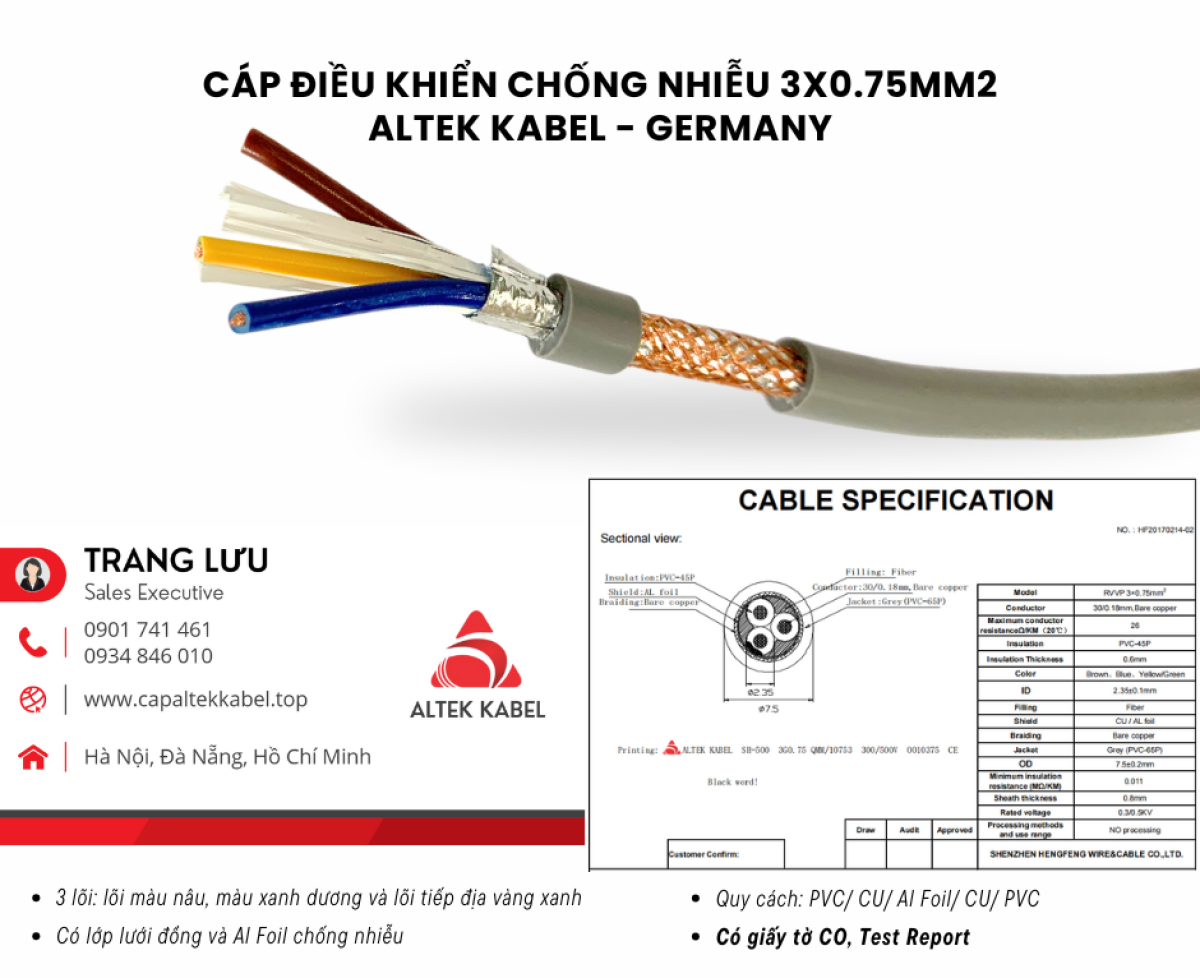 Cáp điều khiển chống nhiễu 3x0.75 Đà Nẵng, Quảng Ngãi, Bình Định, Nha Trang