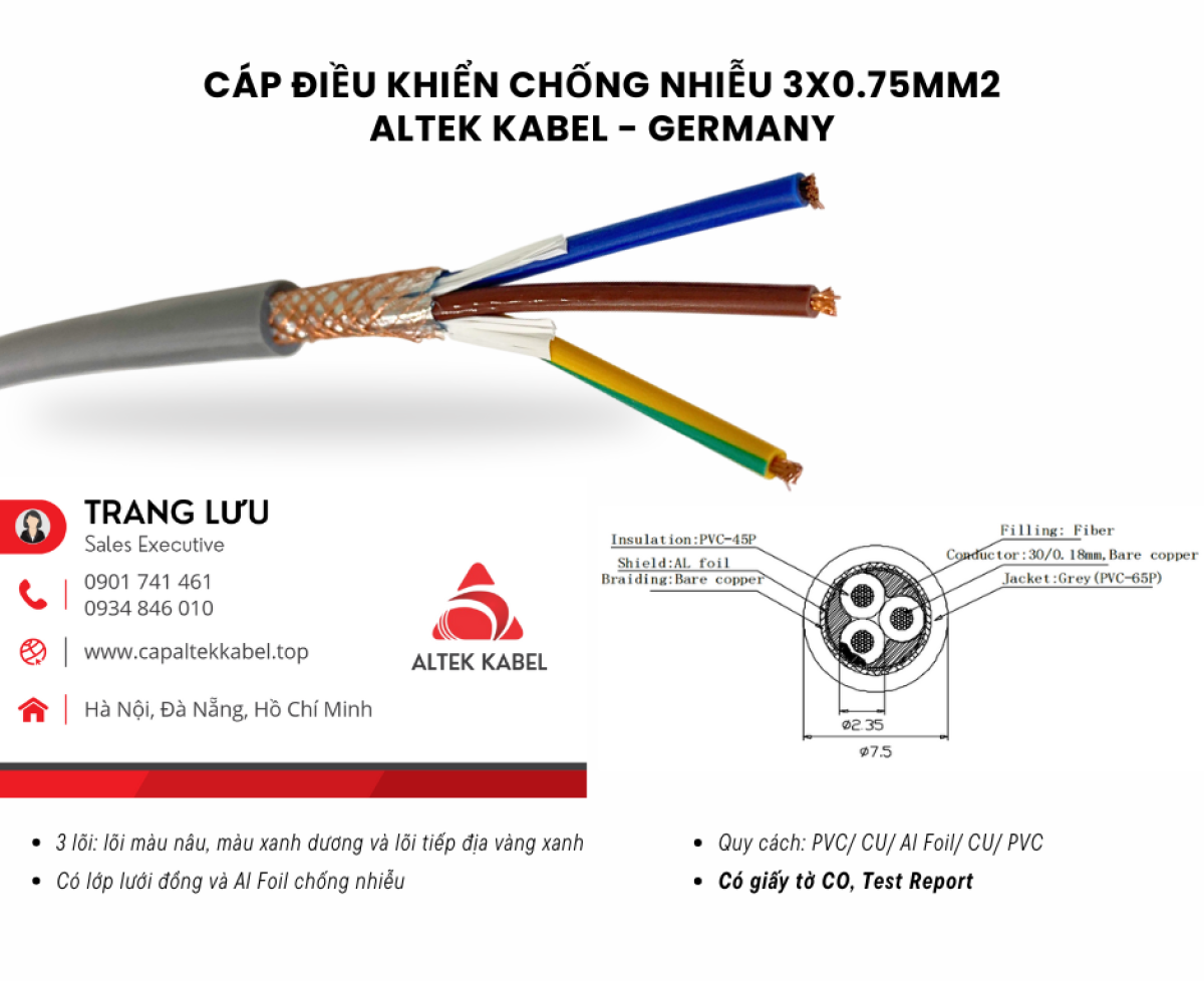 Cáp điều khiển chống nhiễu 3x0.75 Đà Nẵng, Quảng Ngãi, Bình Định, Nha Trang