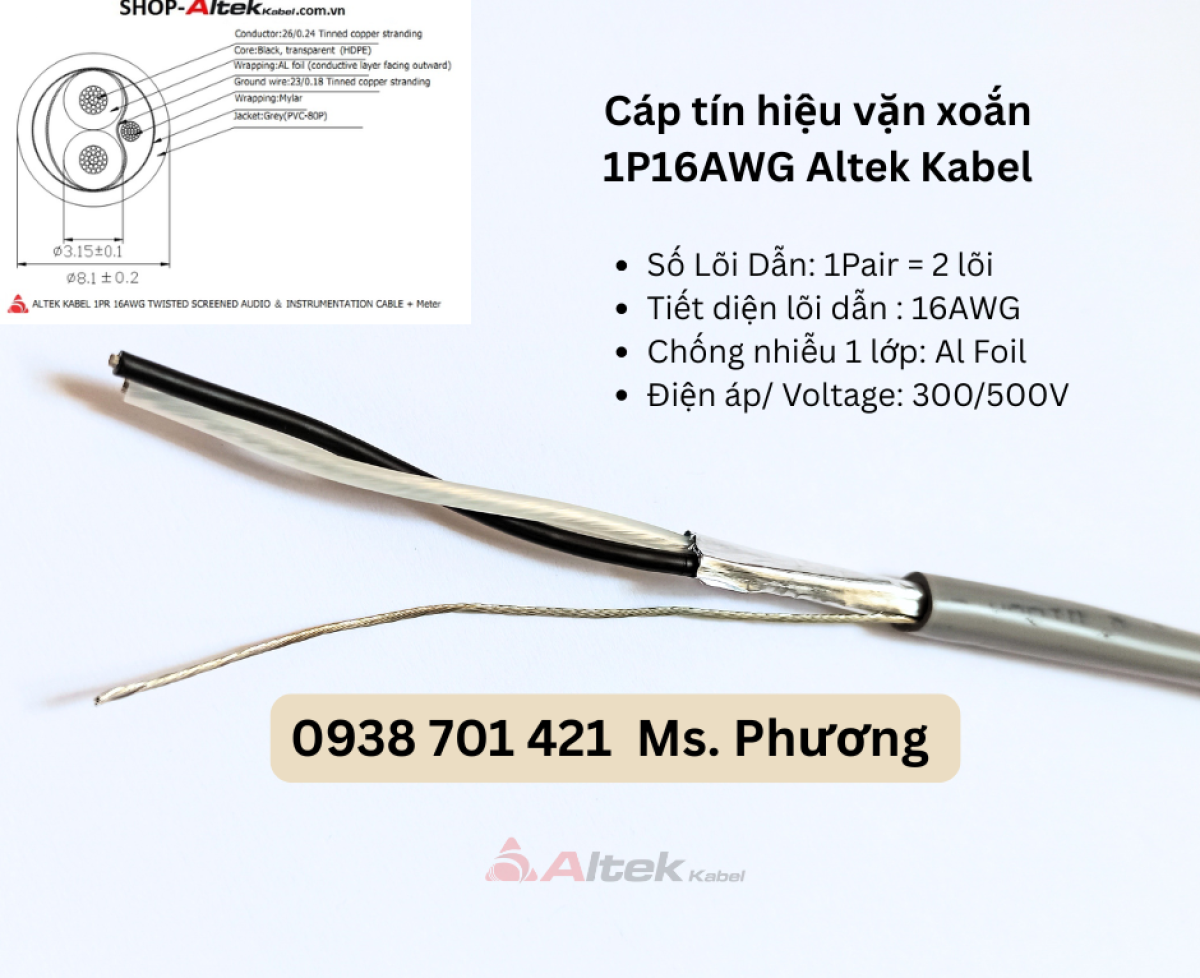 Cáp tín hiệu vặn xoắn 1Pair 16AWG, 16AWGS Altek Kabel Đà Nẵng, Hà Nội, Hồ Chí Minh