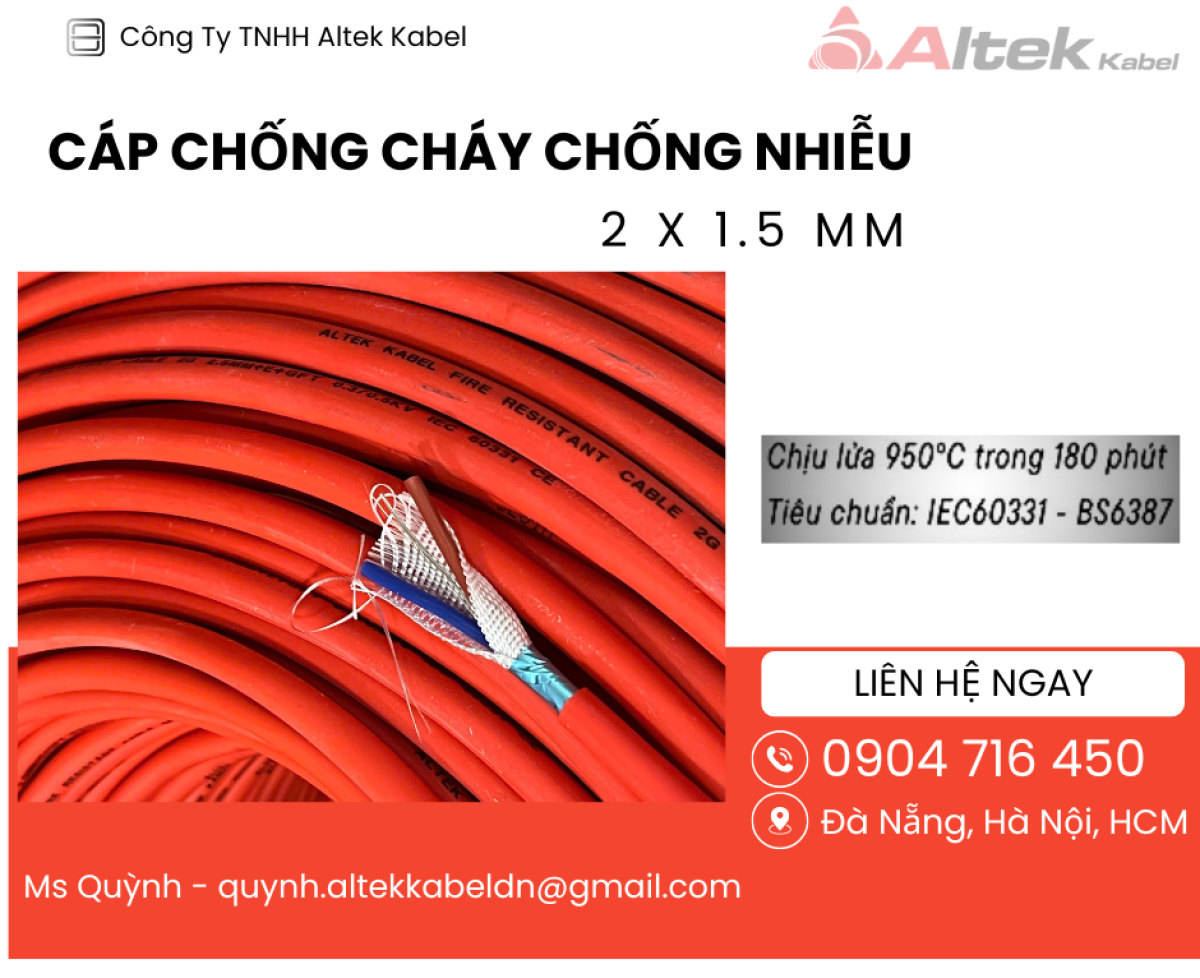 Cáp chống cháy chống nhiễu Altek Kabel 2×1.5 mm2 – IEC 60331, BS 6387