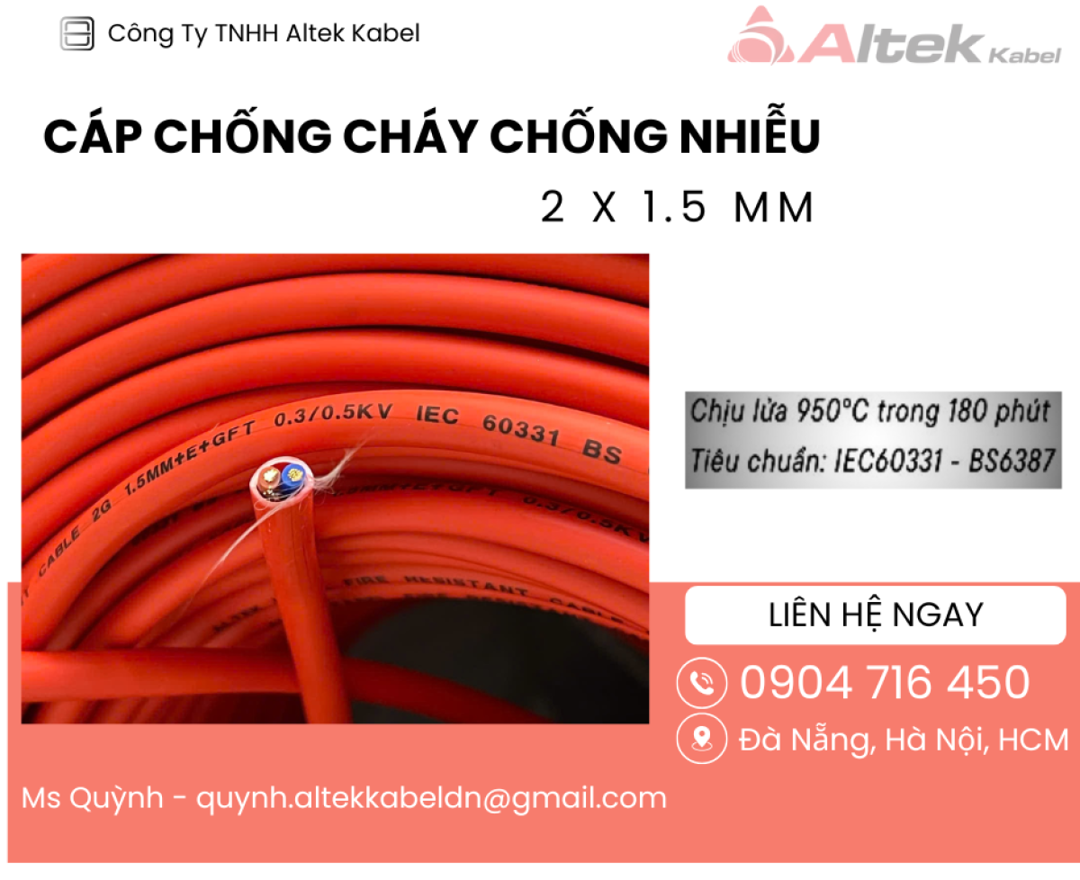 Cáp chống cháy chống nhiễu Altek Kabel 2×1.5 mm2 – IEC 60331, BS 6387