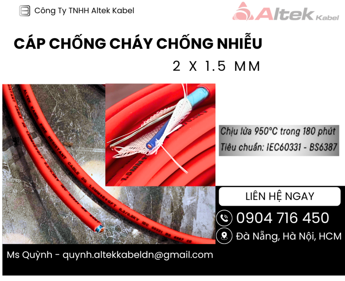 Cáp chống cháy chống nhiễu Altek Kabel 2×1.5 mm2 – IEC 60331, BS 6387
