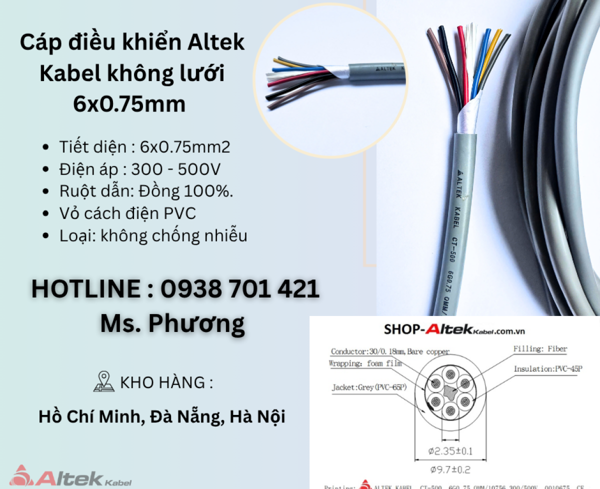 Cáp điều khiển Altek Kabel không lưới 6x0.75mm Đà Nẵng, Hà Nội, Hồ Chí Minh