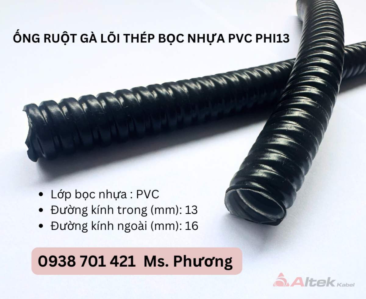 Ống ruột gà lõi thép bọc nhựa PVC Phi13 tại Đà Nẵng, Hà Nội, Hồ Chí Minh