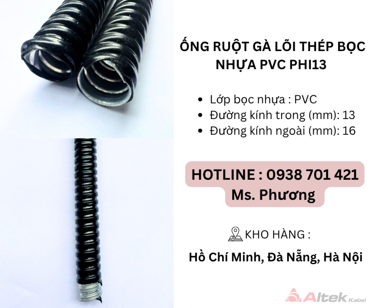 Ống ruột gà lõi thép bọc nhựa PVC Phi13 tại Đà Nẵng, Hà Nội, Hồ Chí Minh