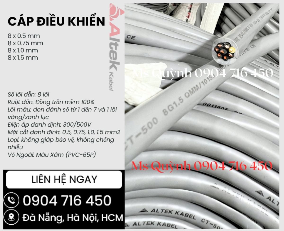 Cáp điều khiển, cáp tín hiệu 8x0.5, 8x0.75, 8x1.0, 8x1.5 Altek Kabel