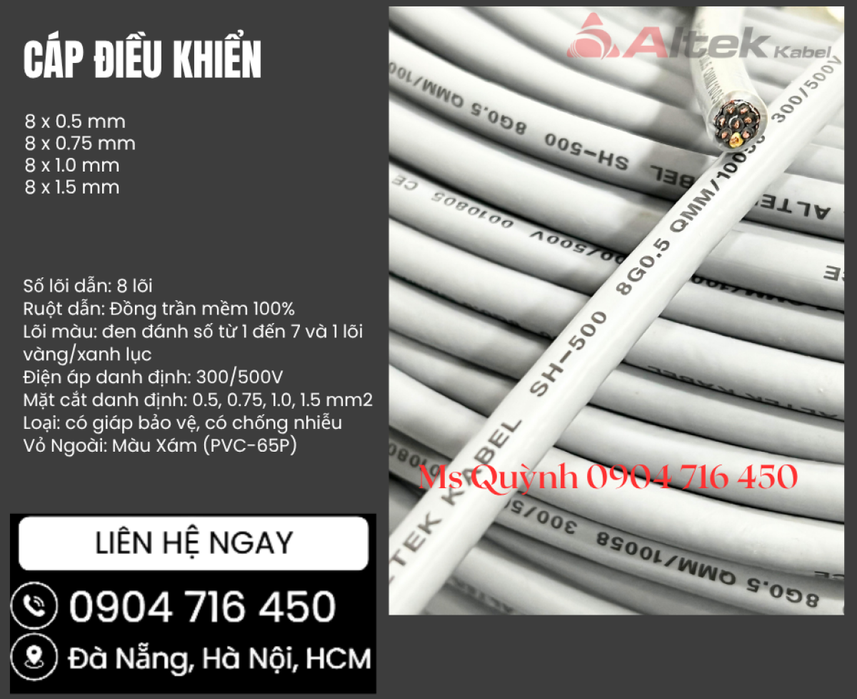 Cáp điều khiển, cáp tín hiệu 8x0.5, 8x0.75, 8x1.0, 8x1.5 Altek Kabel