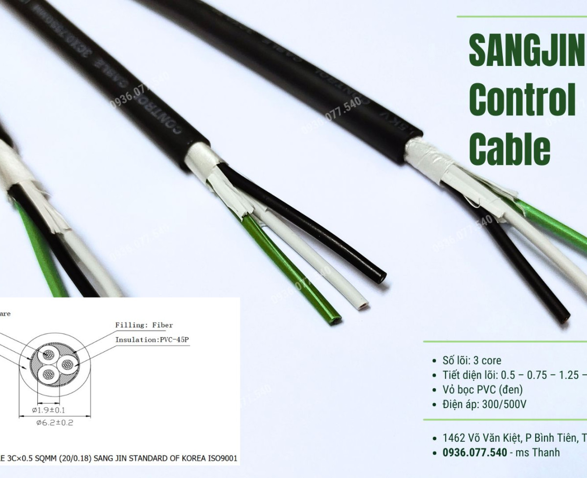 Cáp Sangjin 3 x 0.75 mm2 - Cáp điều khiển không lưới chống nhiễu RVV  3 lõi